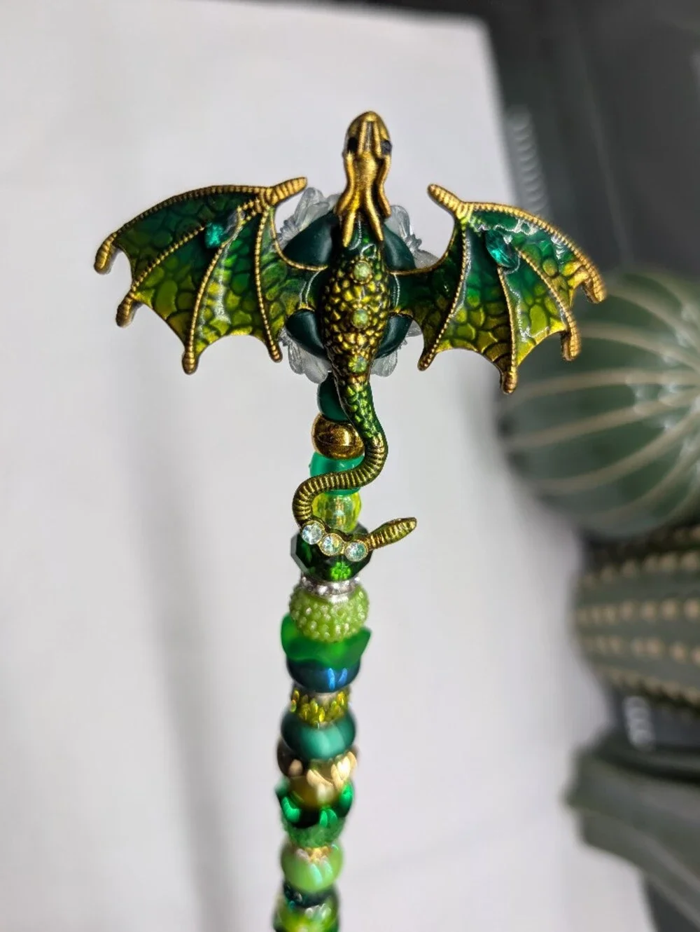 Hand Made Fairy Wand/Plant/Garden Stake W/Green Enamel Dragon Topper